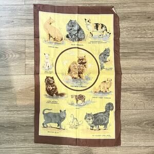 vintage linen tea towel 12 cat breeds clive mayor brown yellow
